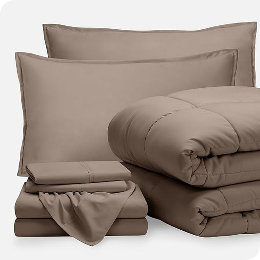 Bare Home Bed-in-A-Bag 7 Piece Comforter & Sheet Set - California King - Goose Down Alternative - Ultra-Soft 1800 Premium Bed Set (Cal King, Taupe/Taupe)