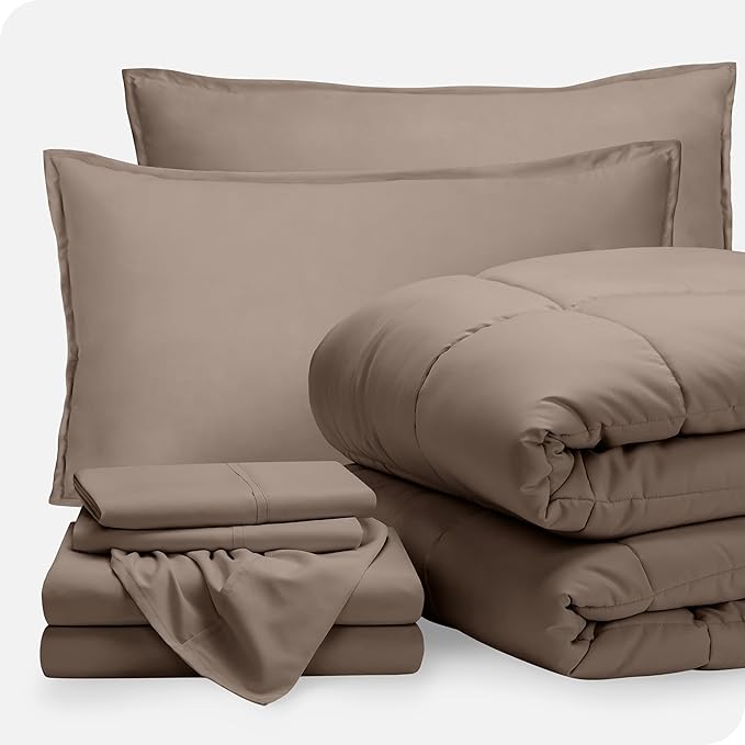 Bare Home Bed-in-A-Bag 7 Piece Comforter & Sheet Set - King - Goose Down Alternative - Ultra-Soft 1800 Premium - Bed Set (King, Taupe/Taupe)