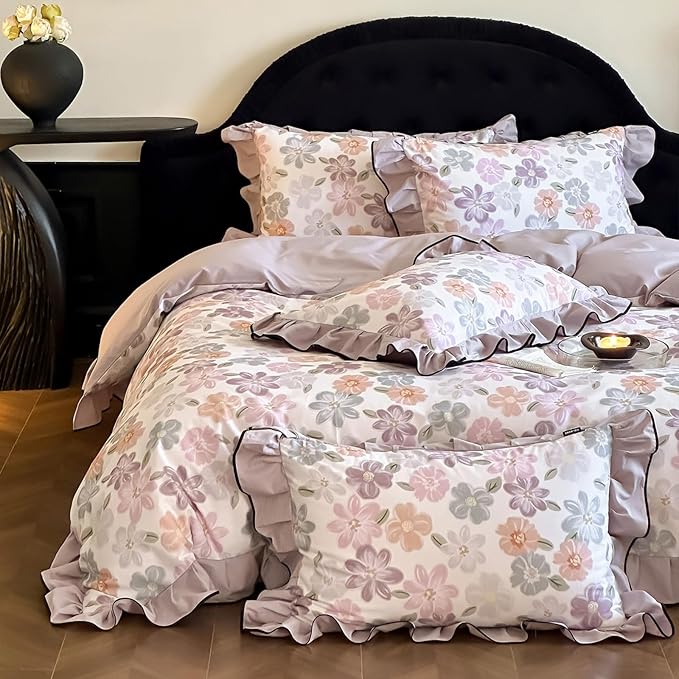 HighBuy Purple Floral Duvet Cover Twin XL Ruffle Lace Design,Premium Brushed Cotton Coquette Rose Floral Comforter Cover Set for College,Farmhouse Bedding Set with 2 Pillowcases