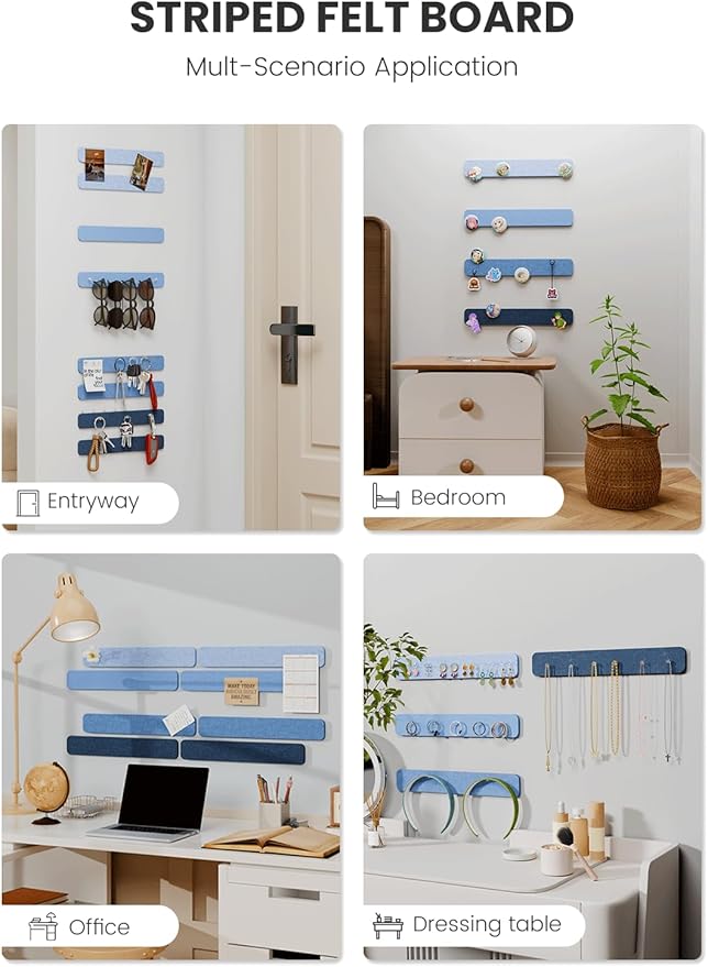 Cork Board Alternative Felt Strip Board 8-Pack 13"x2", Office Pin Board with 50 Push Pins, Adhesive Install for Bedroom Door & Home Office(Denim Mist)