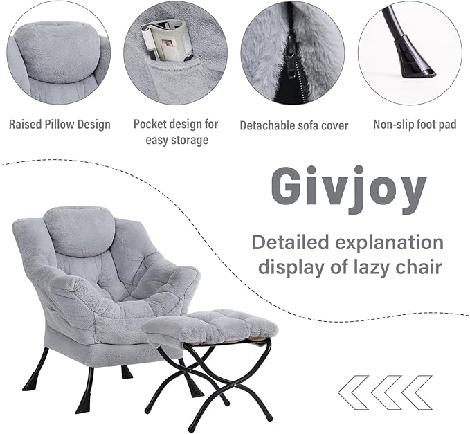 Plush Lazy Chair and Ottoman, Large Contemporary Accent Lounge Chair with Armrests and a Side Pocket, Modern Leisure Upholstered Sofa Reading Armchair with Footrest for Bedroom, Living Room