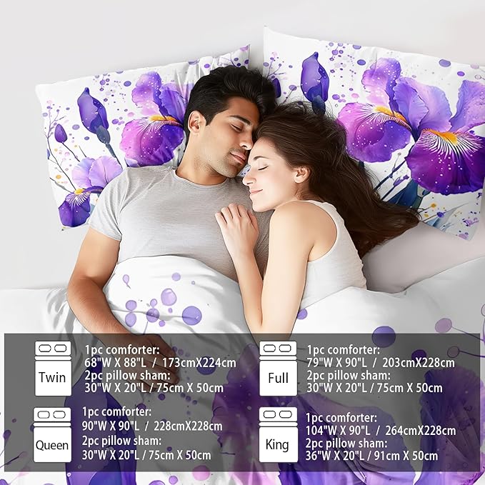 Purple Floral Comforter Set Full Size Woman,Purple Iris Comforter for Girls,Pink Flower Bedding Set Full Bedroom Decor,Floral Bedding Quilt Bed Decor Pink for Kids and Adults