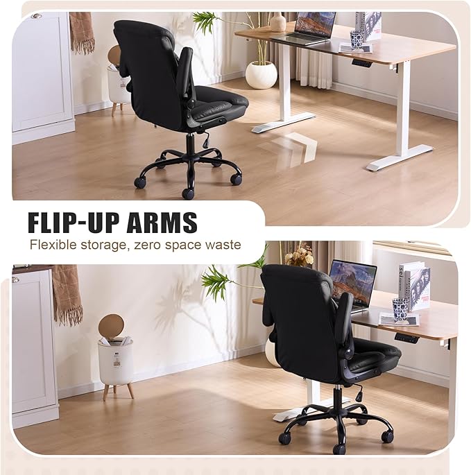 Office Chair, Ergonomic Computer Chair with Flip-up Arms Home Desk Chairs Comfy PU Leather Executive Mid Back Support Adjustable Height Tilt Lock Swivel Rolling Wheels, Black