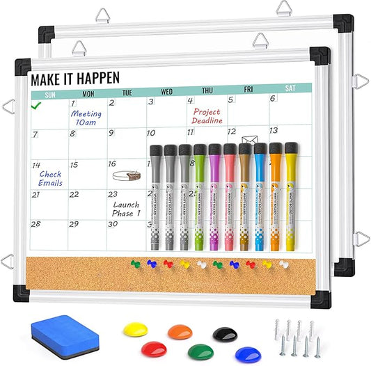 Monthly Calendar Whiteboard and Cork Board Combo for Wall, 17"x13" Reversible Hanging Dry Erase Board, Double Sided White Board with Aluminum Frame for Planning, Office, Kitchen, School, Home