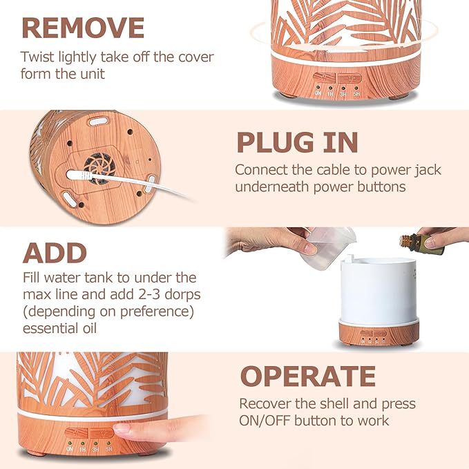 Essential Oil Diffuser Metal Aromatherapy Oil Diffusers for Large Room,Water Plants Pattern Ultrasonic Cool Mist Diffuser with Waterless Auto Shut-Off Protection,for Home Office,300ML