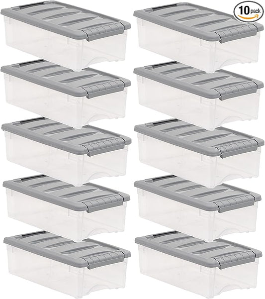 Amazon Basics Plastic Storage Containers with Secure Latching Lids, Stackable Organization Bins, Clear/Grey, 5 Quart, Set of 10