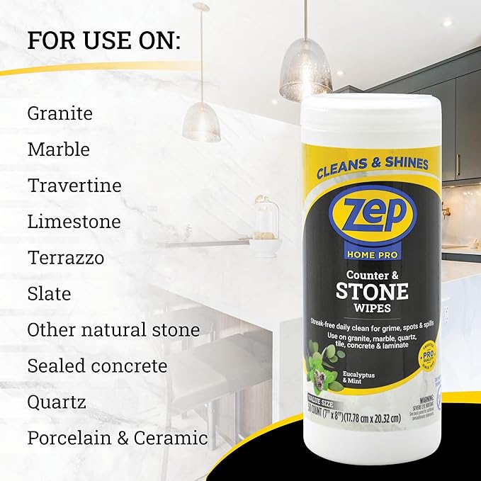 Zep Home Pro Counter & Stone Wipes 50 count - R59212 - Streak-free daily clean for grime, spots and spills