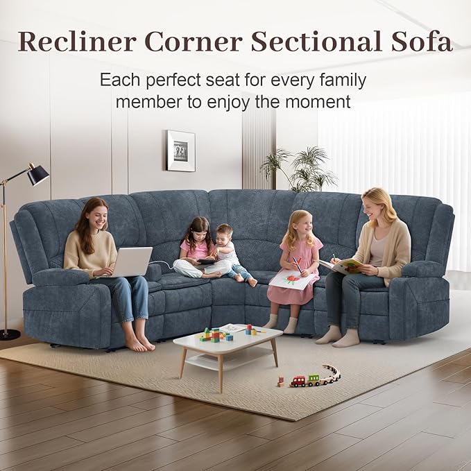 Manual Reclining Sectional Sofa Set, 5 Seats Soft Fabric Recliner Corner Sectional Couch, Family-Sized L-Shaped Recliner Couch with USB Charging, Thickened Padding, Sturdy Frame, Blue