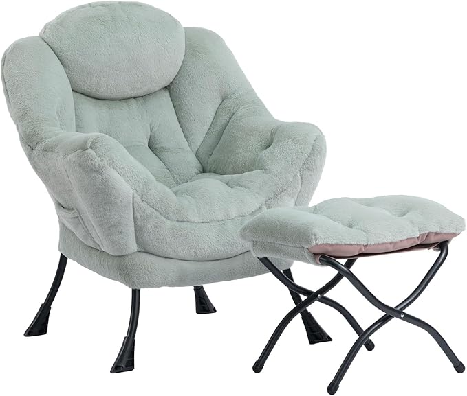 HollyHOME Lazy Chair with Foldable Ottoman, Accent Comfy Lounge Armchair and Folding Footrest Stool, Leisure Sofa Reading Chair and Footstool for Living Room, Bedroom, Dorm,Faux Fur Pea Green