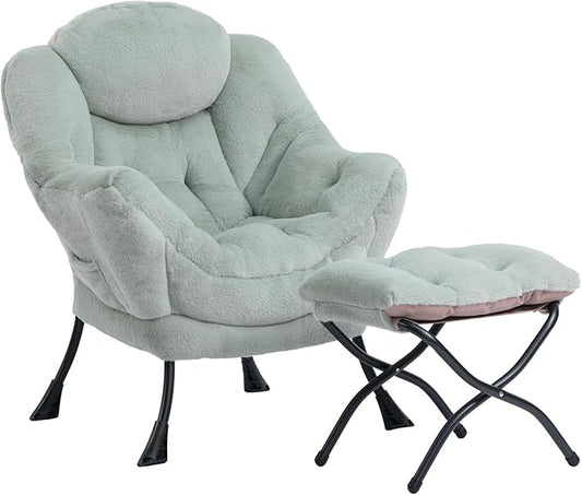 HollyHOME Lazy Chair with Foldable Ottoman, Accent Comfy Lounge Armchair and Folding Footrest Stool, Leisure Sofa Reading Chair and Footstool for Living Room, Bedroom, Dorm,Faux Fur Pea Green