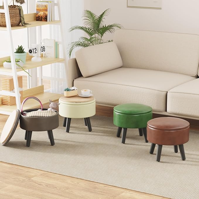Small Foot Stool Ottoman with Storage, Faux Leather Ottoman Foot Rest for Couch, Round Footstool Ottomans for Living Room (Black)