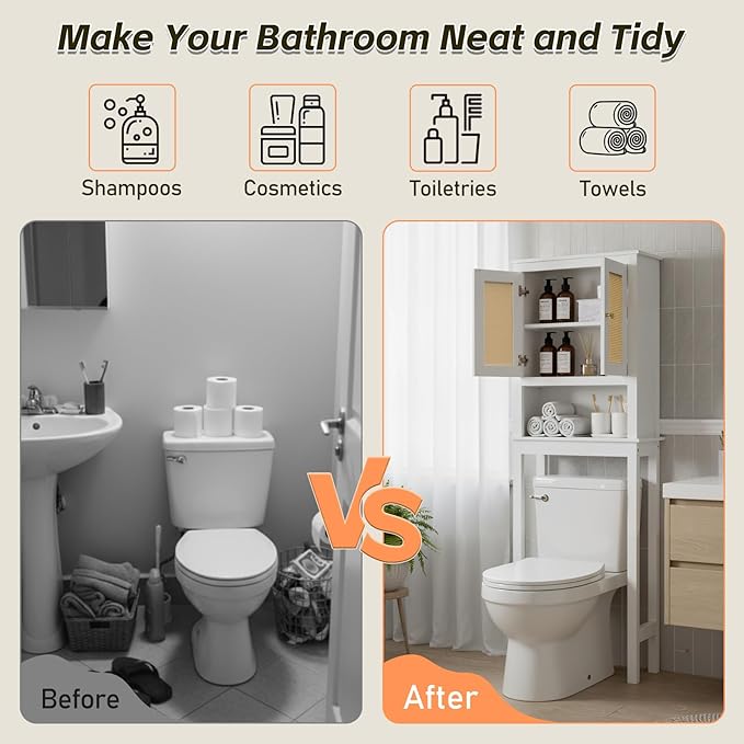 Over The Toilet Storage Cabinet, Behind Toilet Bathroom Organizer with Adjustable Shelves, Above Toilet Organizers with Barn Door, Space Saver for Restroom, Bathroom, Laundry