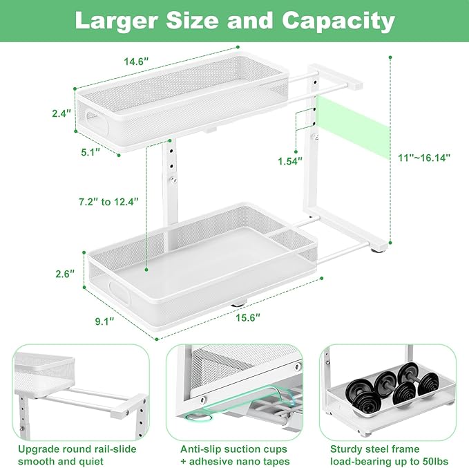 Under Sink Organizer, High Adjustable 2 Tier Under Sink Organizers and Storage, Slide Out Metal Cabinet Organizers, Pull Out Sink Storage Drawer Shelf for Kitchen Bathroom Cabinet, White, 1 Pack
