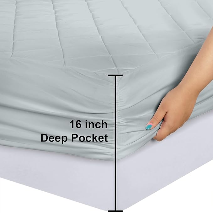 Utopia Bedding Quilted Fitted Mattress Pad, King Size, Elastic Fitted Mattress Topper Protector and Cover with Deep Pocket Stretches up to 16 Inches, Machine Washable (Light Grey)