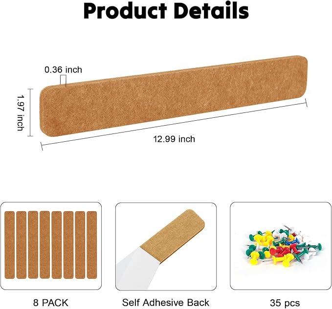 8Pcs Bulletin Board Strips, Felt Pin Board Strips with 50 Pushpins, Self Adhesive Cork Strips for Office Classroom Wall Decor,Bulletin Board Bar for Paste Photos, Notes, Schedules (Yellow)