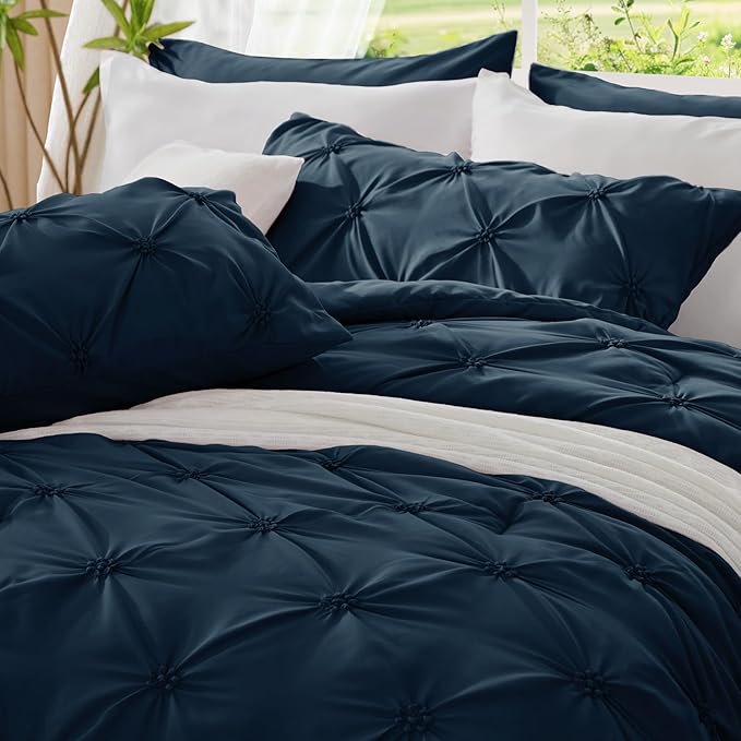 BEDELITE Navy Twin Comforter Set - 2 Peices Boho Pintuck Bedding Comforter Sets, Lightweight Soft & Warm Twin Bedding Sets with 1 Pillowcase for All Season