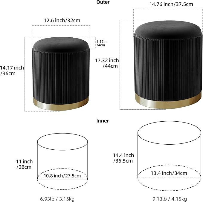 Twira Round Ottoman with Storage Set of 2, Velvet Nesting Ottoman for Living Room,Bedroom,Dorm,RV, Flip-up Lid Coffee Table, Upholstered Makeup Vanity Stool,Multifunctional Foot Rest 330lbs Load Black