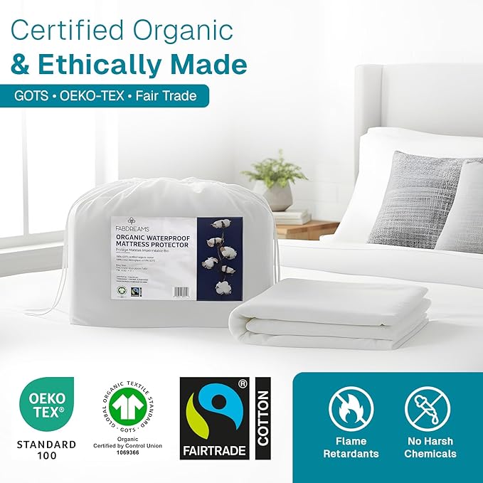 FABDREAMS Organic Waterproof Mattress Protector Queen Size|Queen Mattress Cover| Size Mattress Encasement| Fits up to 17" Deep Pocket|Temperature Regulating | Breathable| White