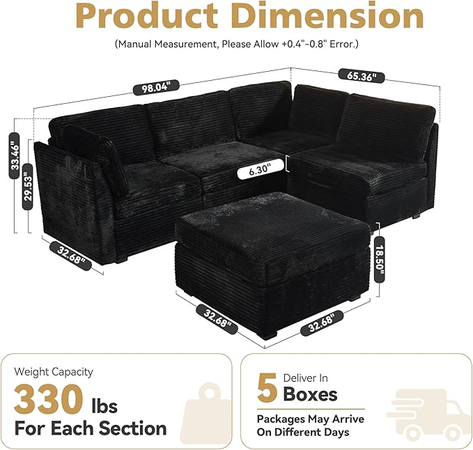 Modular Sectional Sofa,5 Pieces Sectional Couches for Living Room,131X65 L Shaped Cloud Couch with Ottoman Chaise Set