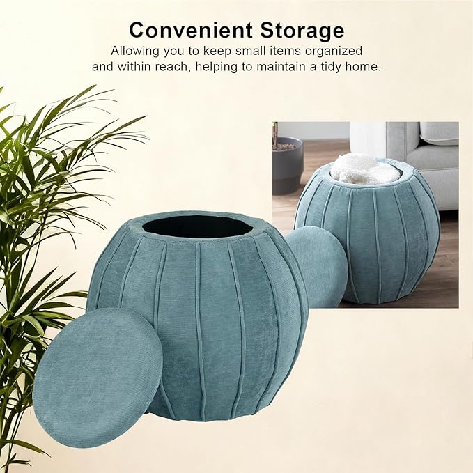 Crestview Collection 18" Foot Stool Ottoman, Round Storage Ottoman Removable Seat, Fabric Round Foot Rest, Vanity Stool, Extra Seating for Living Room, Bedroom, Entryway (Blue)