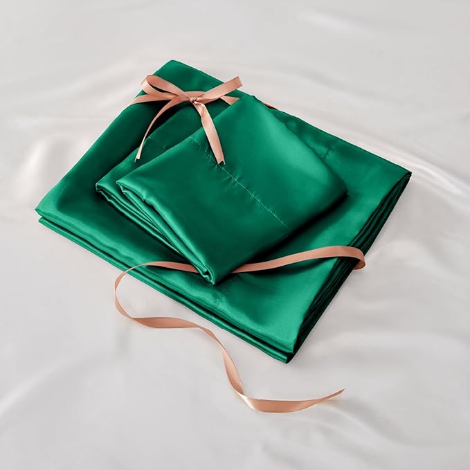 BEDELITE King Size Sheets Set, Luxury Soft Dark Green Satin Sheets for Hair and Skin, Similar to Silk Bed Sheets Set 4 Pieces with 1 Deep Pocket Fitted Sheet, 1 Flat Sheet, and 2 Pillowcases