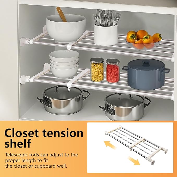 BAOYOUNI Tension Closet Shelves Stainless Steel Rustproof Storage Rack Bathroom Kitchen Organizer Shelf Dividers Ivory, 23.62-31.5 Inches
