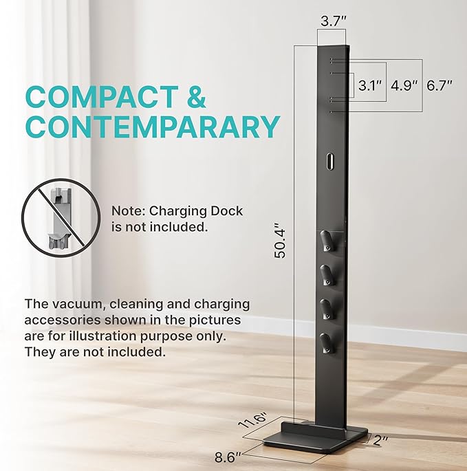 Vacuum Cleaner Stand, Compatible with Cordless Vacuums Dyson Gen5 V15 V12 V11 V10 V9 V8 V7 V6, Floor Vacuum Accessory Holder with 4 Hooks, Metal Storage Bracket Organizer, Black