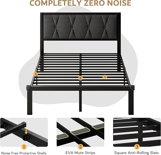 iPormis Full Size Metal Bed Frame, Linen Button Tufted Headboard Platform Bed, Heavy Duty Slats Support, 12" Under Bed Storage, No Box Spring Needed, Easy Assembly, Dark Gray