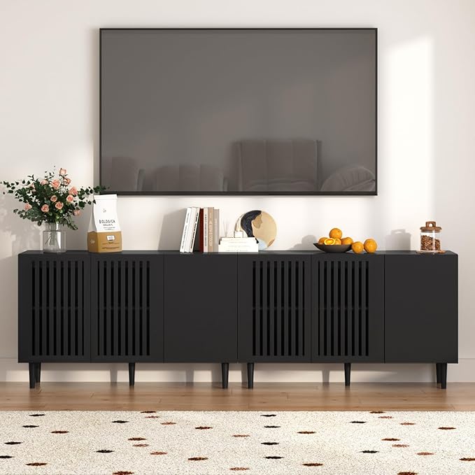 CHUWELL Modern Storage Cabinet, 94.4" Buffet Cabinet with 6 DIY Doors and Adjustable Shelf, Sideboard Coffee Bar with Solid Wood Feet for Kitchen,Dining Room,Living Room,Black