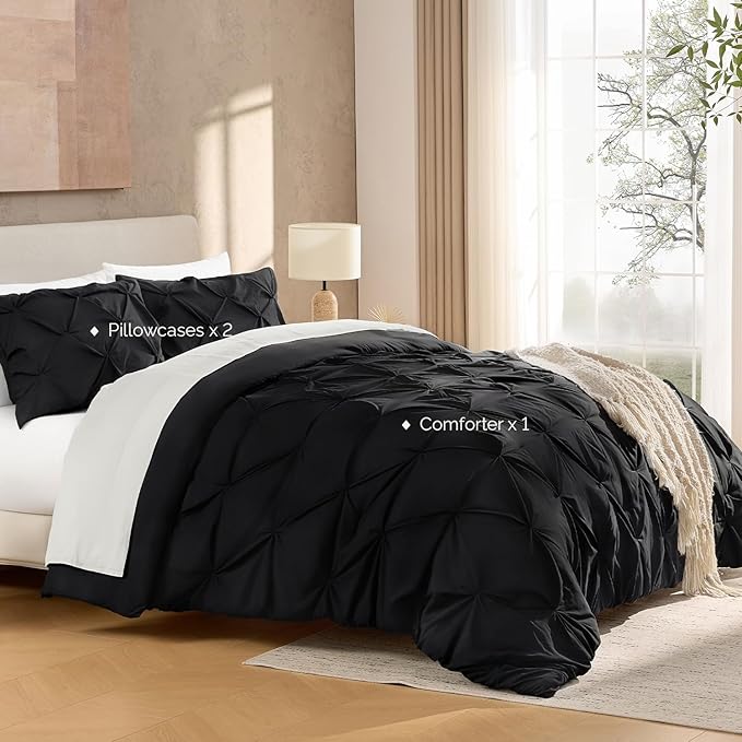 Andency Black Pinch Pleat Comforter Full(79x90Inch), 3 Pieces(1 Pintuck Comforter and 2 Pillowcases) Pintuck Bed Set, Microfiber Down Alternative All Season Bedding Set