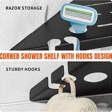 Shower Corner Shelf Organizer Rack with Hooks & Razor Hole, No Drilling Tile Shower Shelves, Rustproof Stainless Steel Bathroom Shelves Basket, Modern Corner Shelf for Bathroom, 2Pack-Black