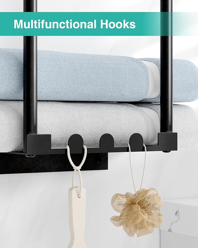 HapiRm Towel Racks for Bathroom Storage - No Drill Wall Mounted Towel Holder with Shelf and 6 Hooks, Rolled Towel Storage Bath Towel Organizer for Small Bathroom, Camper, Rv - Black