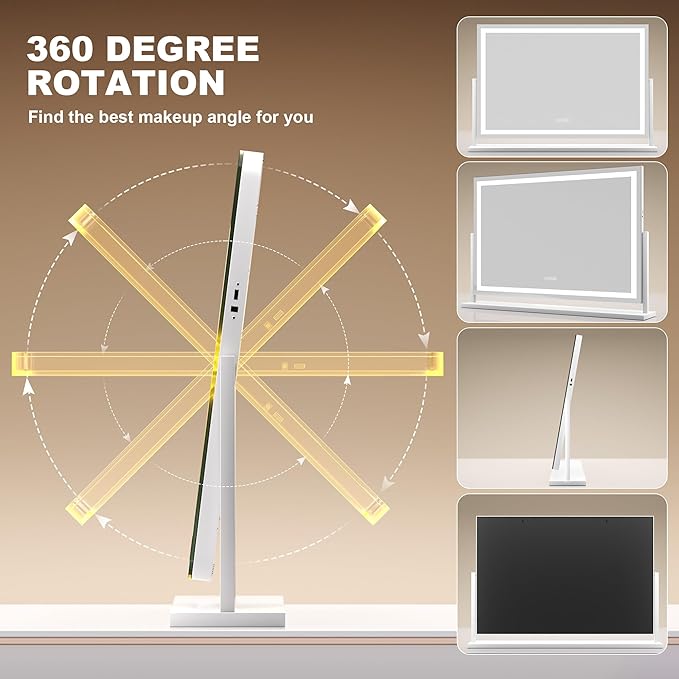 Hasipu Vanity Mirror with Lights, 39.4" x 28.3" LED Makeup Mirror, Light up Mirror with 10X Magnification and Phone Holder, USB Charging Port, Smart Touch 3 Colors Dimmable (White)