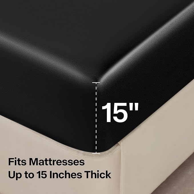 BEDELITE Satin Sheets Full Size Bed Set, Luxury Soft Black Silky Sheets for Hair and Skin, Similar to Silk Bed Sheets Set 4 Pieces with 1 Deep Pocket Fitted Sheet, 1 Flat Sheet, and 2 Pillowcases