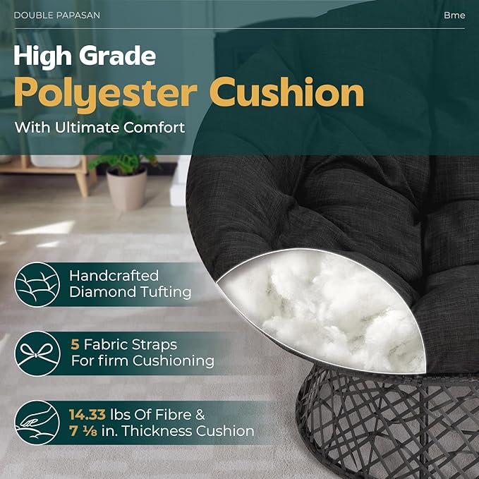 Bme Double Papasan Chair, 600lbs Capacity, Ergonomic Design, Soft Thick Fabric Cushion, Bee-Designed Base, Sturdy Steel Frame, 61", Onyx Stone - Black Base