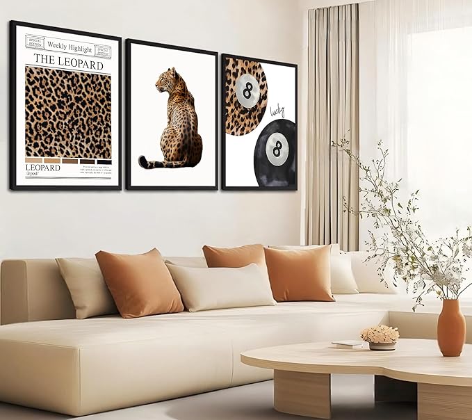 Set of 3 Trendy Leopard Canvas Wall Art Funky Lucky 8 Ball Posters Prints Preppy Room Aesthetic Cheetah Wall Decor Paintings Pictures for Girls Bedroom Apartment Dorm 16x24in Unframed