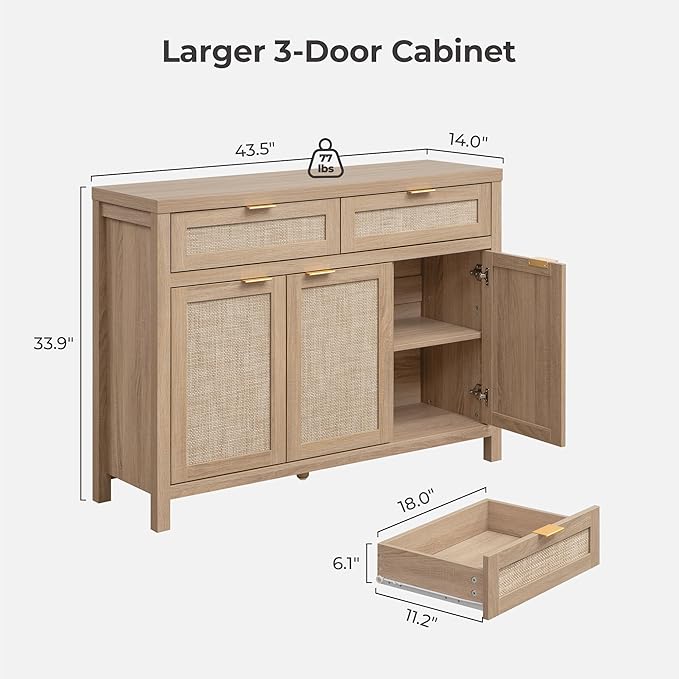 SICOTAS Rattan Sideboard Buffet Cabinet with Storage, Boho Credenza Accent Cabinet with 3 Doors and 2 Drawers, Farmhouse Console Coffee Bar for Kitchen Living Room Entryway, Light Oak, 2 PCS