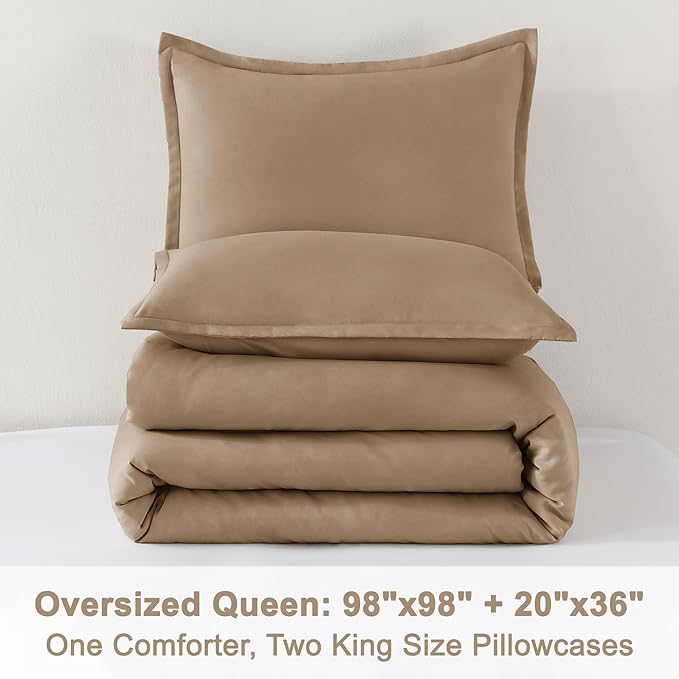Litanika Comforter Set, Lightweight Solid Bedding Comforter Set, Fluffy Down Alternative Bed Set, Amber Brown, Oversized Queen