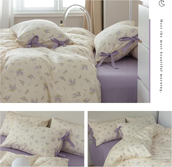 HighBuy Garden Floral Duvet Cover Twin with 2 Bowknot Bow Tie Pillowcases Coquette Aesthetic Comforter Cover Soft Cotton Botanical Boho Duvet Cover with Purple Flowers Country Style Bedding Set