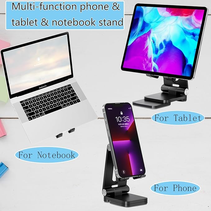 Folding Cell Phone Stand,Laptop Stand, Adjustable Height and Angle Foldable Cell Phone Stand Holder for Desk, Taller iPhone Stand Compatible with 4-11" Smartphones iPad Tablet Laptop (Black)