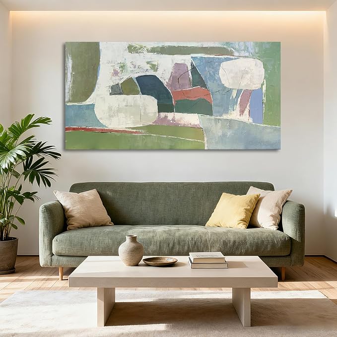 YETHEN WAL Sage Green Abstract Wall Art – 24×48 Large Minimalist Canvas Print, Neutral Olive & Blue Textured Artwork for Living Room or Bedroom Wall Decor