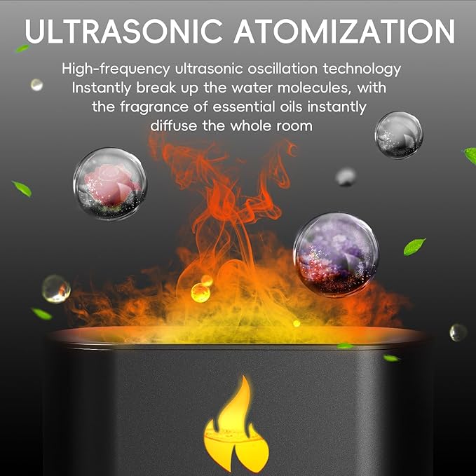 Fireplace Flame Diffuser, Aromatherapy Essential Oil 250ml Himalayan Salt Lamp Cool Mist Ultrasonic Humidifier for Bedroom,Office,Home, Auto Shut-Off, Night Light (Black), (M23)