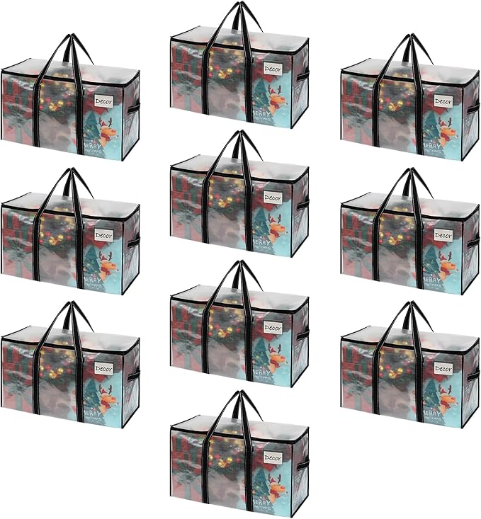 VENO 10 Pack Clear Moving Bags Christmas Storage Bags, Large Storage Bins with Lids, Heavy Duty Holiday Decor Organizers Moving Boxes Tote Packing Garland Ornament Supplies for College Dorm Clothes