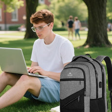 MATEIN 17 Inch Work Backpack for Men Women, Water Resistant Practical Travel Laptop Backpack with Trolley Sleeve, Casual College Daypack Laptop Compartment TSA Friendly, Grey Black