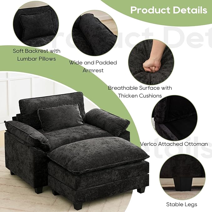 53" Modular Sectional Sofa, Comfy Cloud Couch Sectional Sofa with Ottoman, Chenille Sofa Sleeper Deep Seat Sofa with Throw Pillows for Living Room (Black)