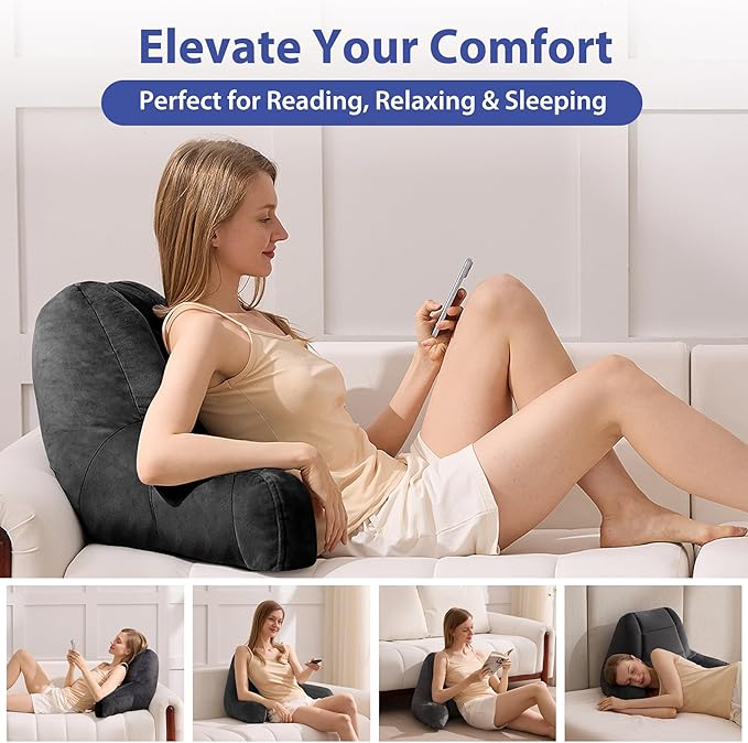 Reading Pillows for Sitting in Bed Adult, Back Pillow for Bed Sitting Up, Backrest Pillows with Shredded Foam for Adult&Teens, Support Pillow with Arms for Beds, Couch, Floor, 20in, Black