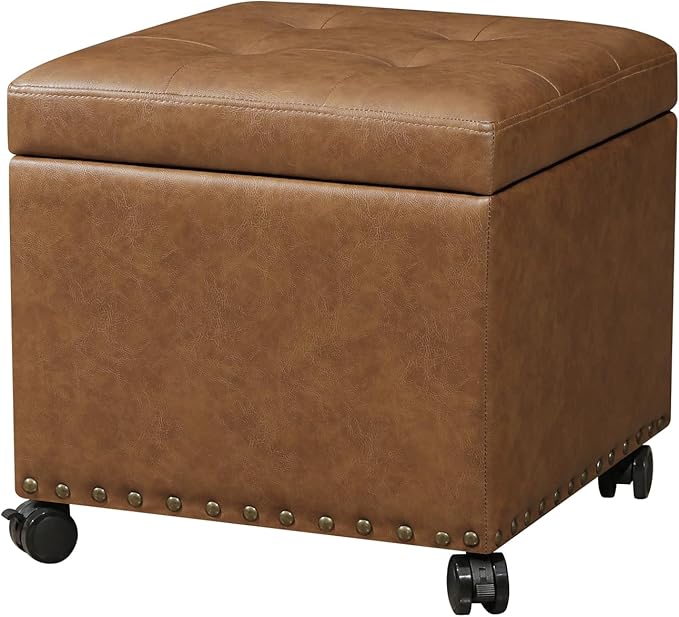 17.7" Square Faux Leather Storage Ottoman with Wheels, Rolling Storage Bench, Footstool with Wheels for Living Room, Hassocks and Ottomans, Vintage Golden Brown