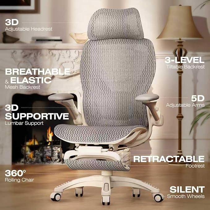 ELABEST X100 Ergonomic Office Chair with Footrest, Big and Tall Home Desk Chair with 5D Flip-Up Arms, Adjustable 3D Lumbar Support,High Back Rolling Computer Chair, Swivel Mesh Chairs (Frosted Dawn)