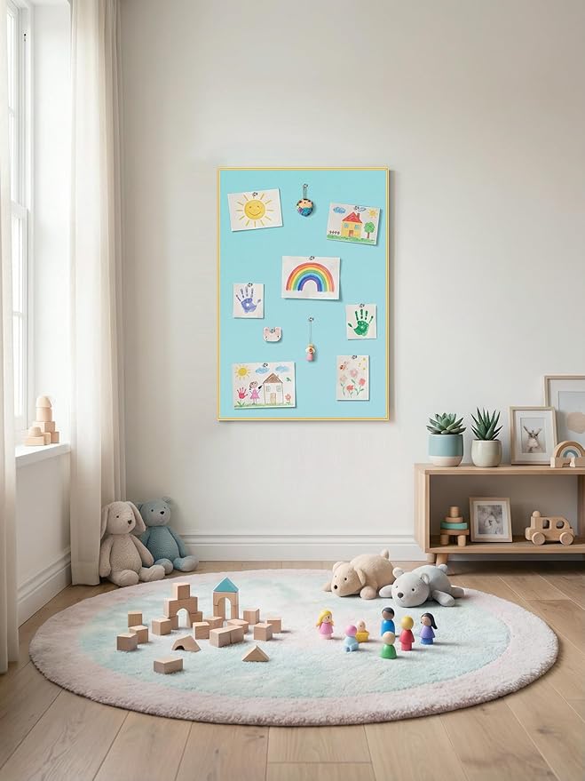 Bulletin Board 30 x 20 inches, Dark Blue Pin Board, Golden Aluminum Framed Fabric Cork Board with 10 Push Pins