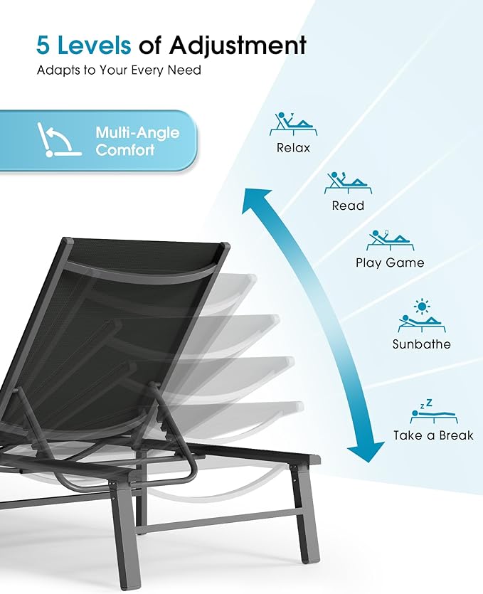 Ciokea Aluminum Outdoor Lounge Chair Set of 2- No Assembly Needed, Foldable Patio Chaise Lounge with 5 Adjustable Positions, Reinforced Frame for Extra Durability, Pool Beach Lounge Chair, Black